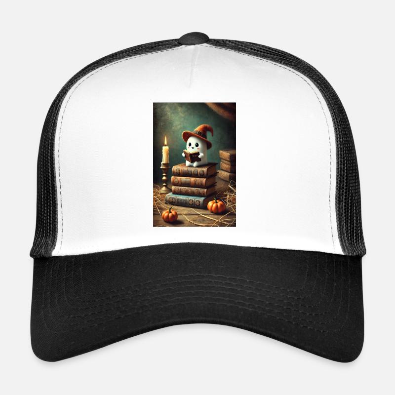 Lesender Halloween Geist mit einem Hexenhut - Trucker Cap - Weiß/Schwarz