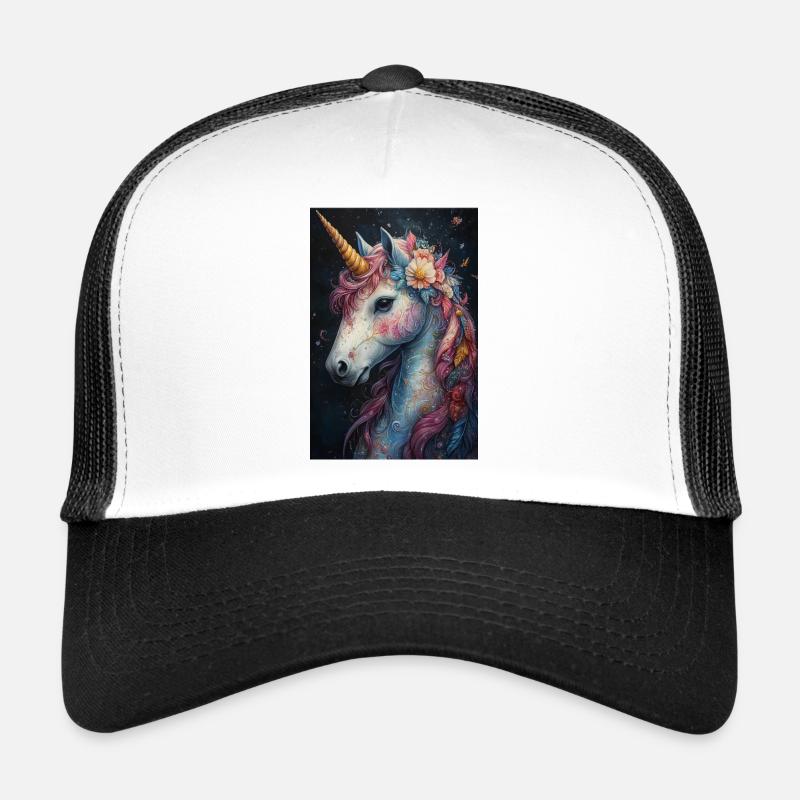 Licorne colorée dans une couronne de fleurs Casquette trucker 