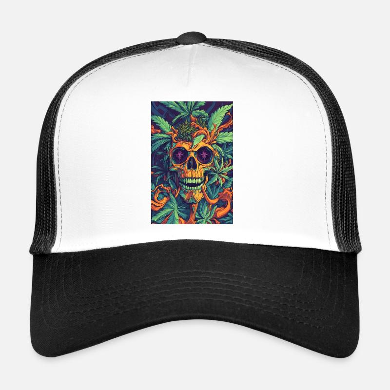 Crâne avec feuilles de chanvre et flammes Casquette trucker 