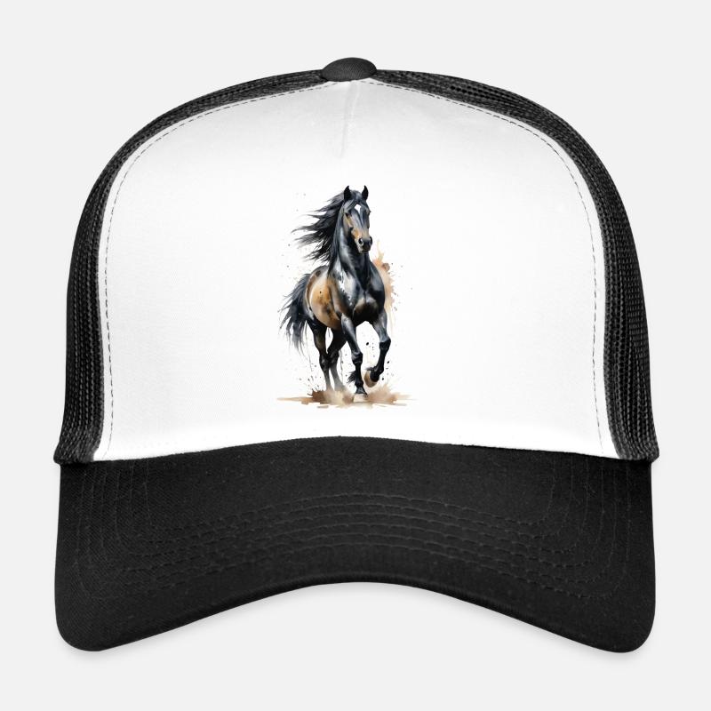 Schneidiger schwarzer Hengst - Aquarell - Trucker Cap - Weiß/Schwarz