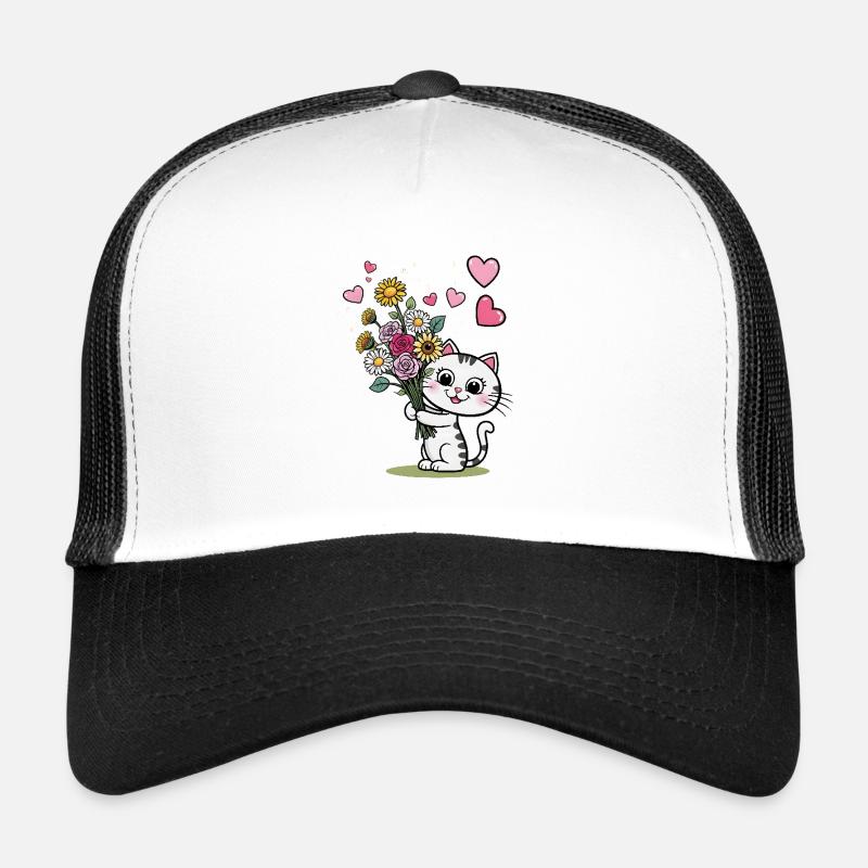 Chaton mignon avec bouquet de fleurs pour la Saint-Valentin - Casquette trucker  - blanc/noir