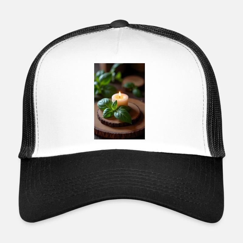 Brennende Kerze mit Basilikum auf rustikalem Holz Trucker Cap