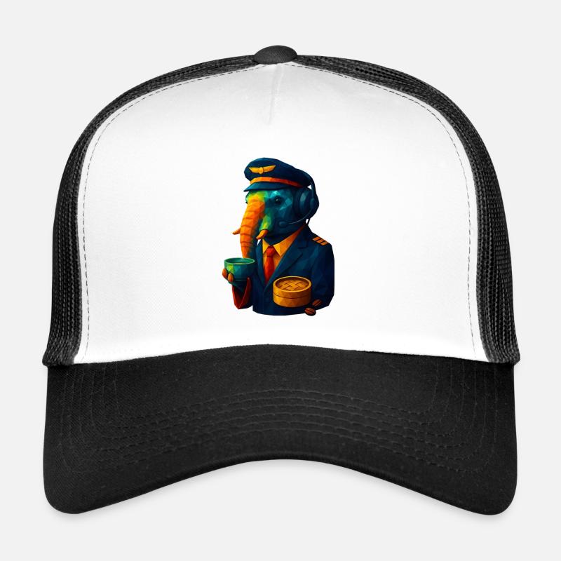 WPAP Stil Tiere - Elefanten Flugkapitän mit Kaffee - Trucker Cap - Weiß/Schwarz
