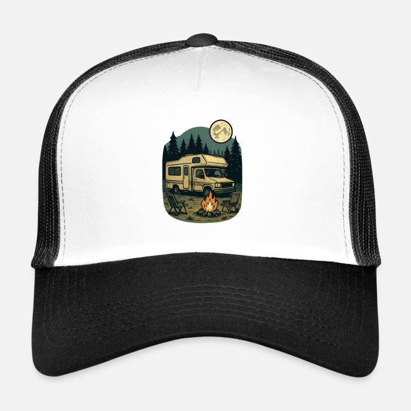 Night in the forest with camper and campfire - Trucker Cap - white/black