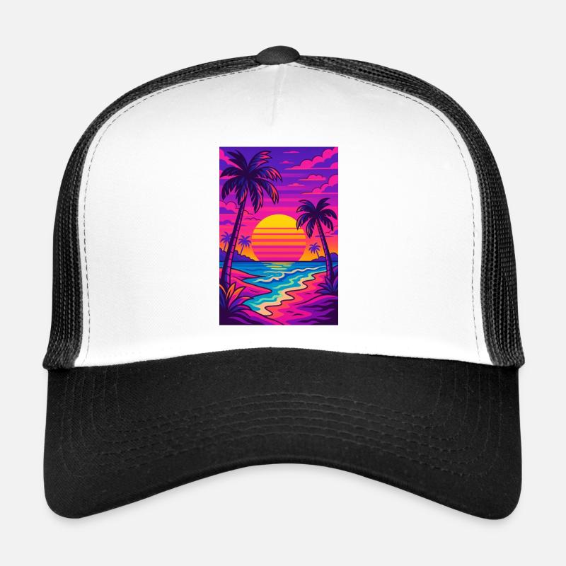 Retro-80er-Neon-Strand-Synthwave-Art - Trucker Cap - Weiß/Schwarz