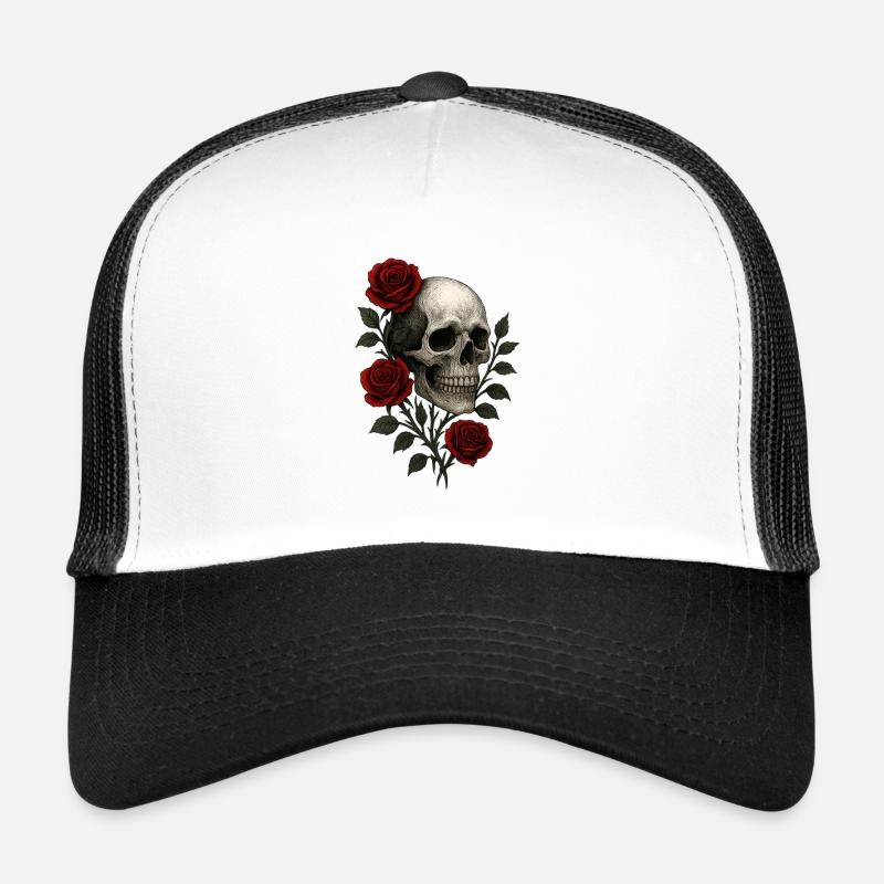 Gothic Skull with Romantic Roses Design - Trucker Cap - white/black