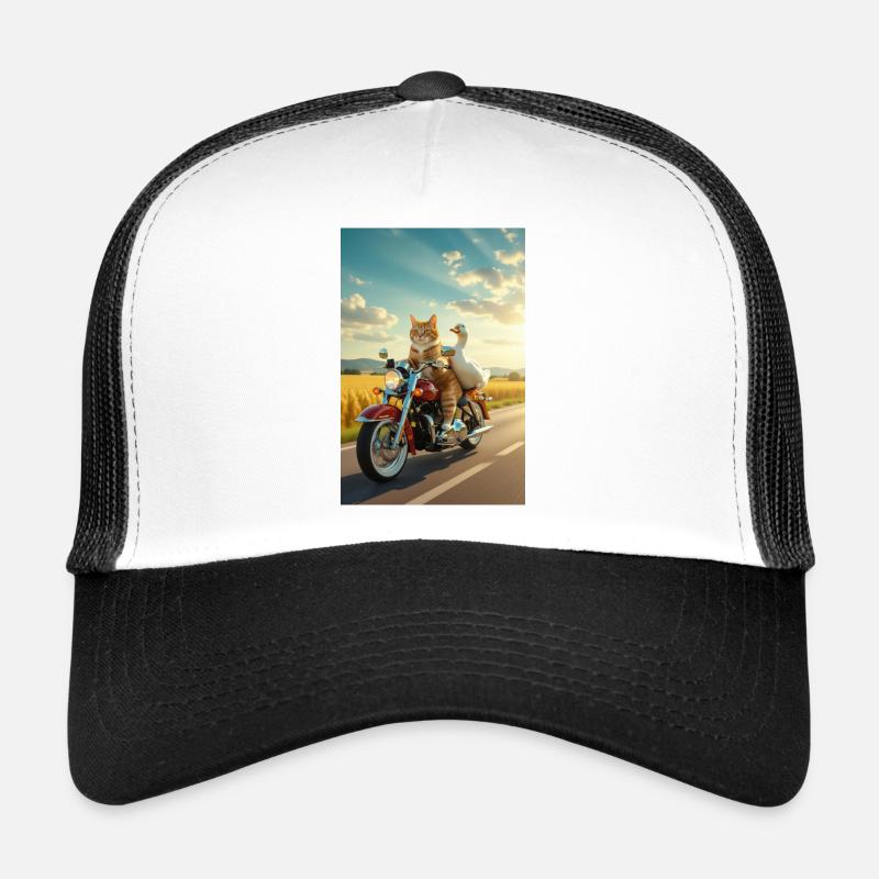 Katze und Gans auf einem Motorrad - Trucker Cap - Weiß/Schwarz