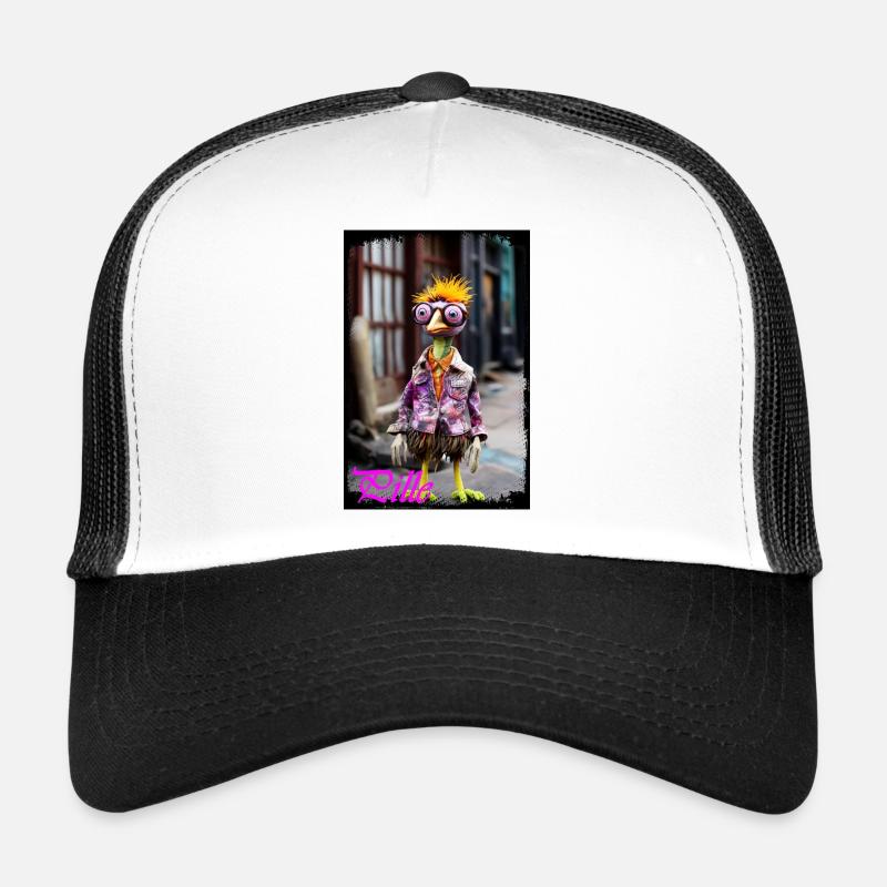 Vogel-Schmuckfigur Puppe mit bunter Jacke Trucker Cap
