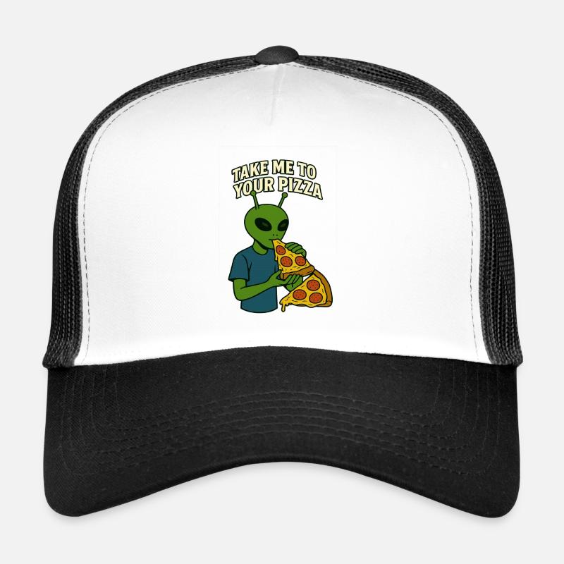 Conception de t-shirt Alien Pizza avec slogan - Casquette trucker  - blanc/noir