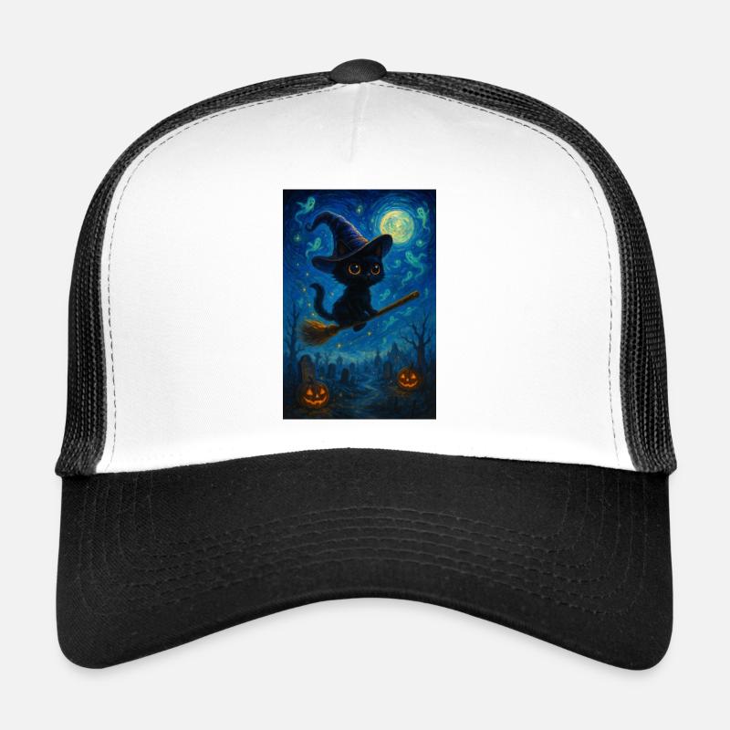 Chat noir avec un balai de sorcière Casquette trucker 