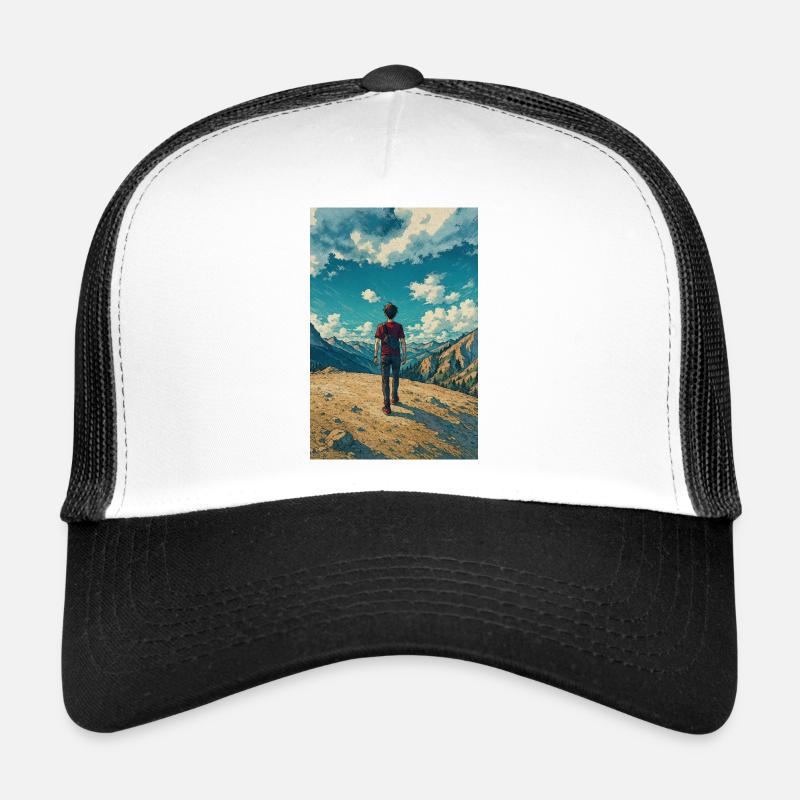 Mountain Explorer on Blue Sky Landscape Trucker Cap