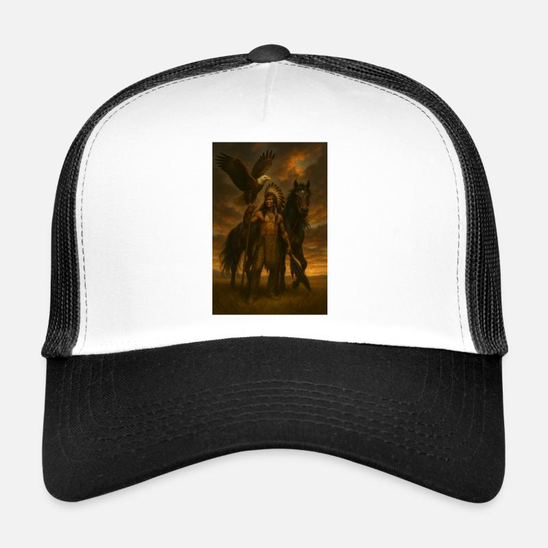 Indianerkrieger mit Adler und Pferd - Trucker Cap - Weiß/Schwarz