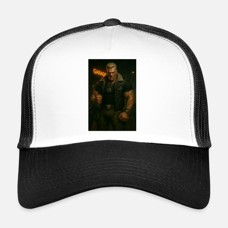 Mechanischer Biker – Blonder Krieger mit Feuerblick Trucker Cap