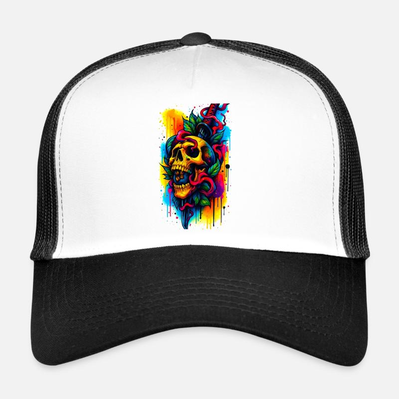 Bunter Totenschädel mit Messer und Blättern Trucker Cap