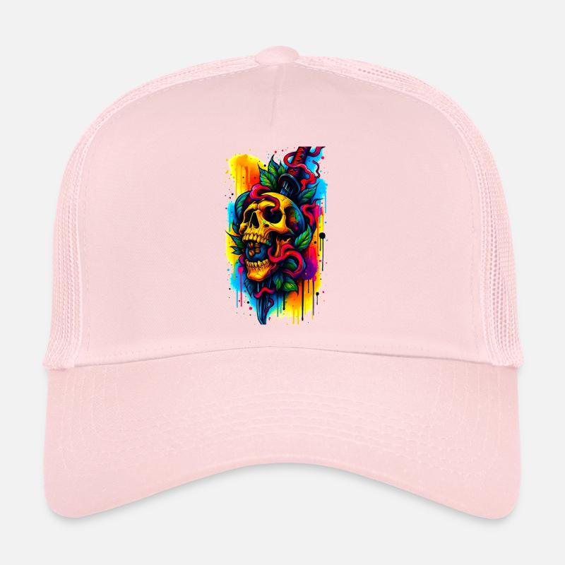 Crâne coloré avec couteau et feuilles Casquette trucker 