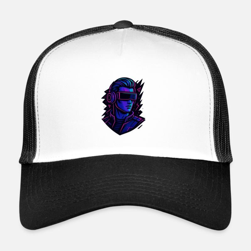Neon Cyber VR Head Portrait, Cyberpunk Trucker Cap