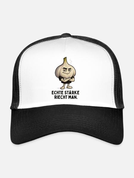 Selbstbewusster Knoblauch Garlic Gemüse Motiv - Trucker Cap - Weiß/Schwarz - Vorne
