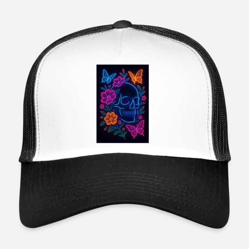 Neon Schädel mit Blumen und Schmetterlingen Trucker Cap