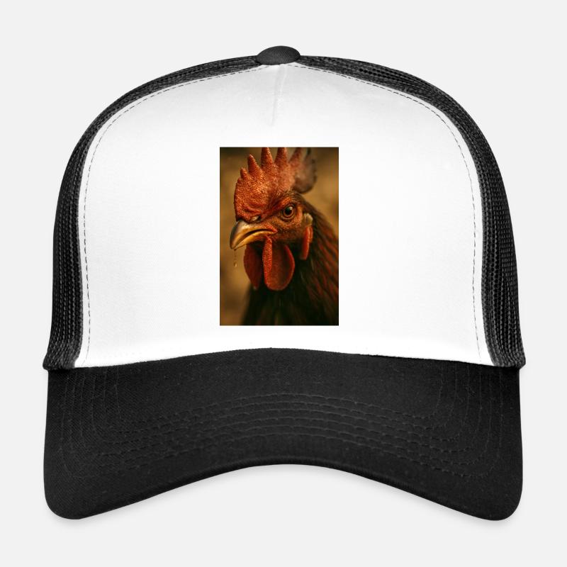 Vue rapprochée du coq avec un rayon - Casquette trucker  - blanc/noir