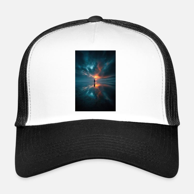 Reflets solitaires du coucher de soleil sur une rive brumeuse Casquette trucker 