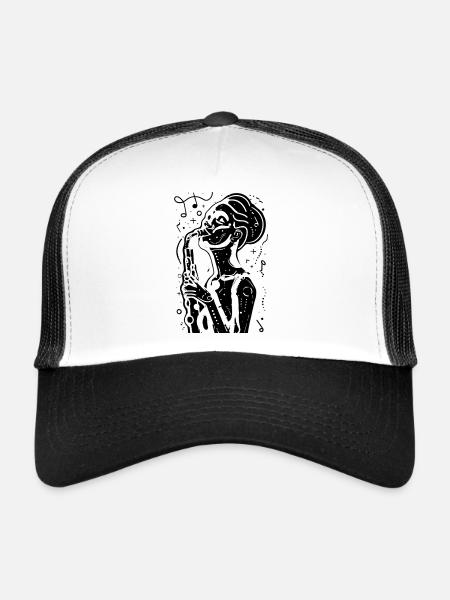 Femme saxophone dessinant - Casquette trucker  - blanc/noir - Devant