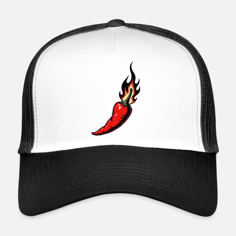 Rote scharfe Chili mit Flammen - Trucker Cap - Weiß/Schwarz