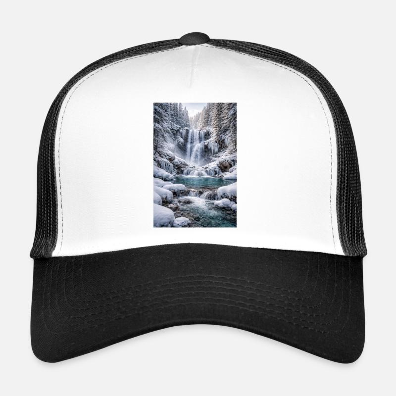 Cascade hivernale dans une forêt enneigée - Casquette trucker  - blanc/noir