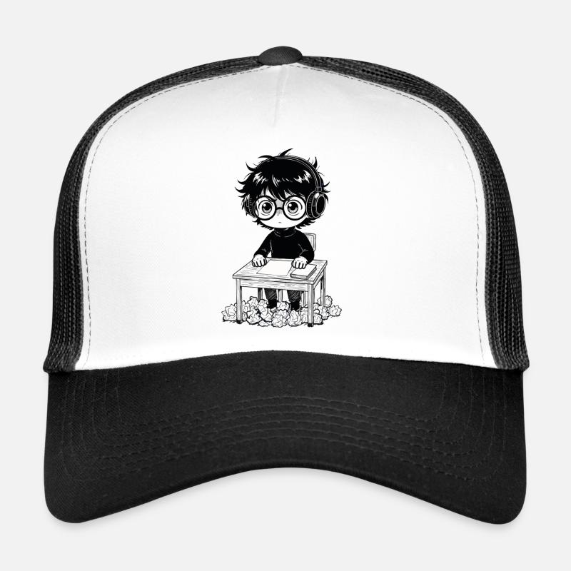 Student Sticker Headset Saturation Black and White Trucker Cap