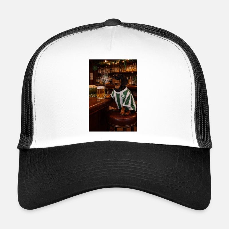 Dachshund in pub jersey with shamrock Trucker Cap