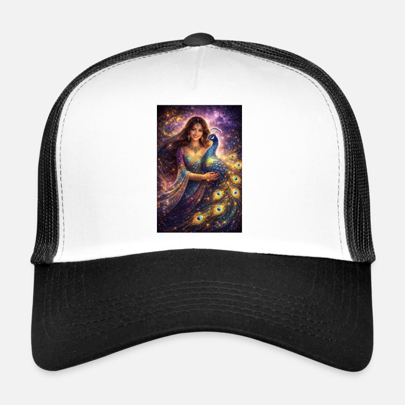 Femme indienne mystique avec un paon - Casquette trucker  - blanc/noir