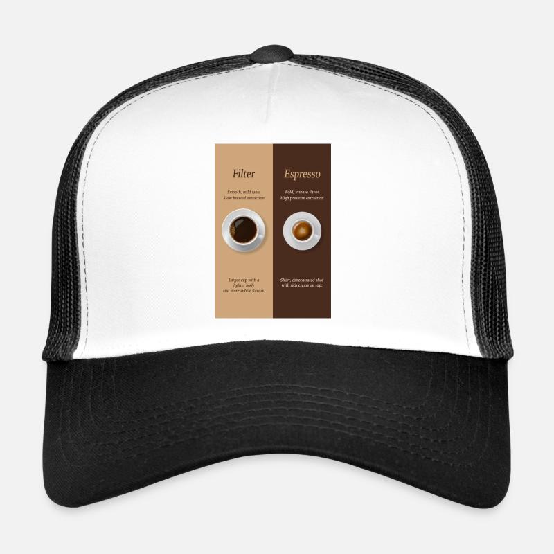 Filter Coffee vs Espresso Poster Comparison Trucker Cap
