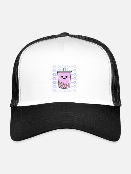 Thé à bulles Kawaii sucré avec écriture japonaise - Casquette trucker  - blanc/noir - Devant