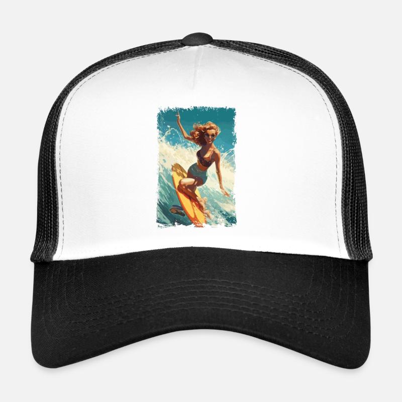 Retro Beach Babe - Surf Comic Design - Casquette trucker  - blanc/noir