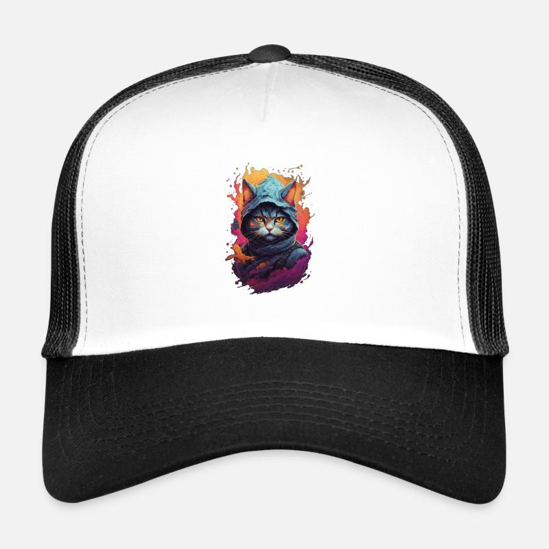 Feuriger Katzenkrieger: Detaillierte Ninja-Katze Trucker Cap