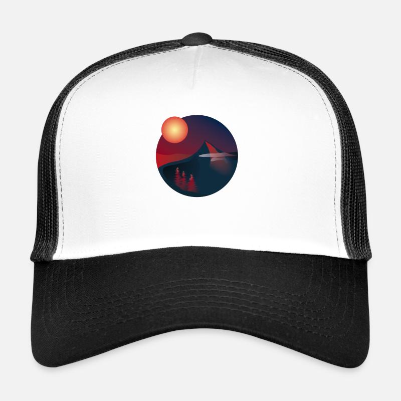 Sunset Mountain Landscape in a Circle Navy / Red Trucker Cap