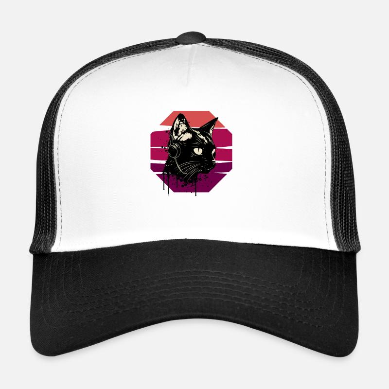 Kopfhörer mit Katze | Katze trägt Kopfhörer - Trucker Cap - Weiß/Schwarz