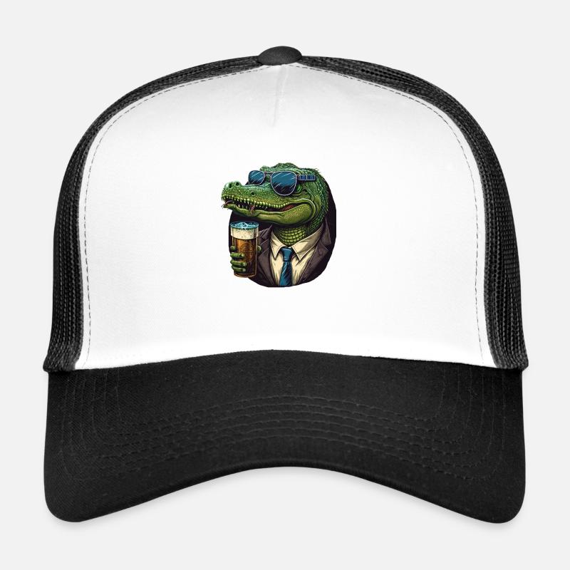 Crocodile in suit with sunglasses drinking beer Trucker Cap