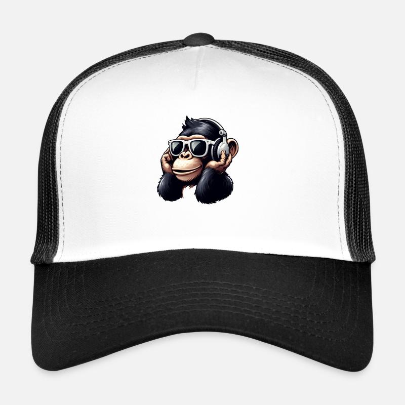 Chimpanzé singe avec lunettes de soleil et écouteurs - Casquette trucker  - blanc/noir