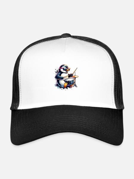 Penguin Drummer Rock Music Animal Funny - Trucker Cap - white/black - Front