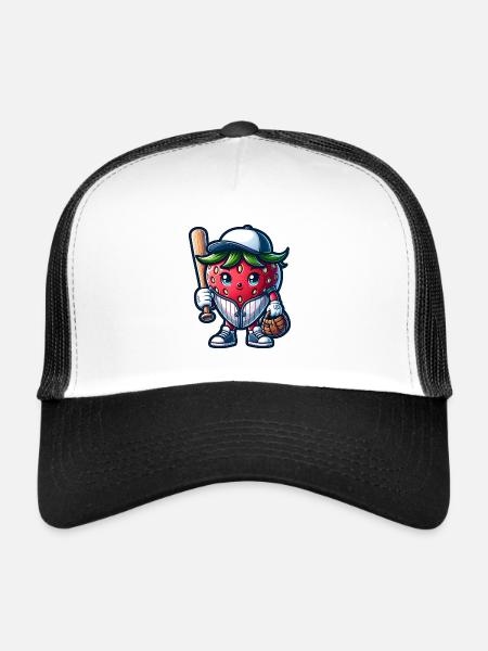 Strawberry Baseball Player Illustration with Bat - Trucker Cap - white/black - Front