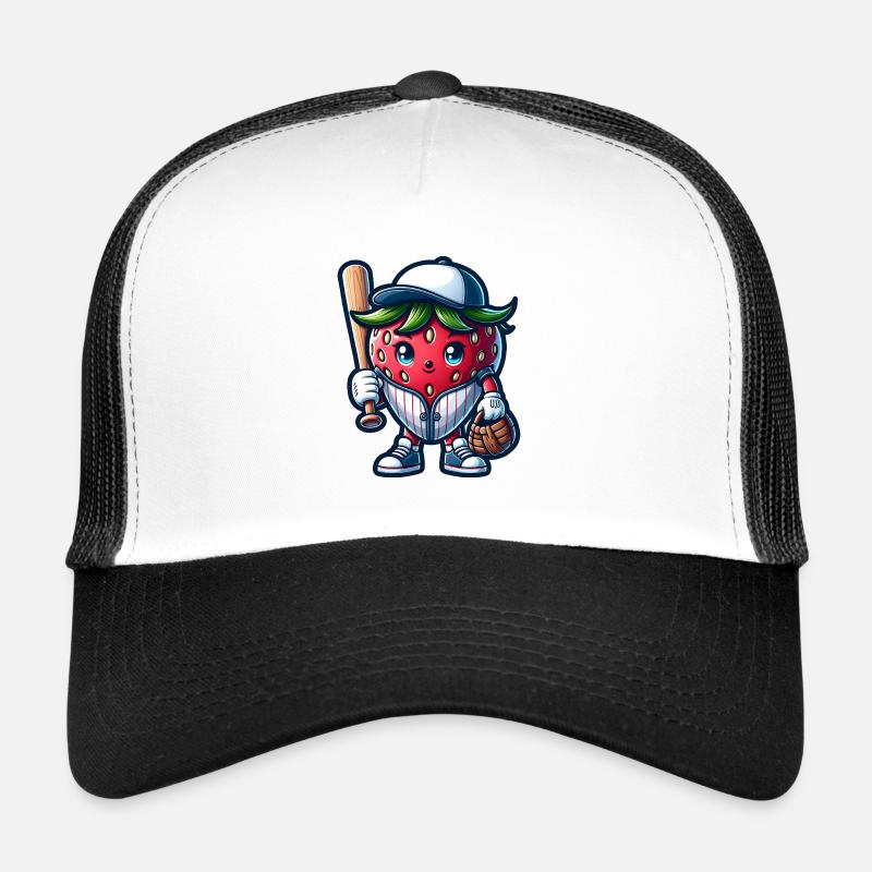 Strawberry Baseball Player Illustration with Bat Trucker Cap