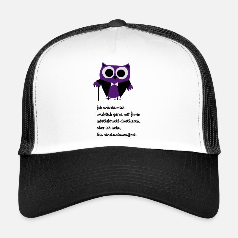 Eule, Satire, Spruch "Intellektuell duellieren" - Trucker Cap - Weiß/Schwarz