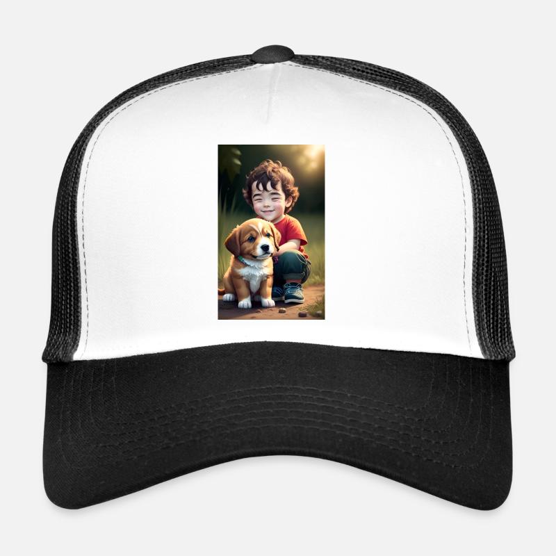 Glücklicher Junge mit Welpen Trucker Cap