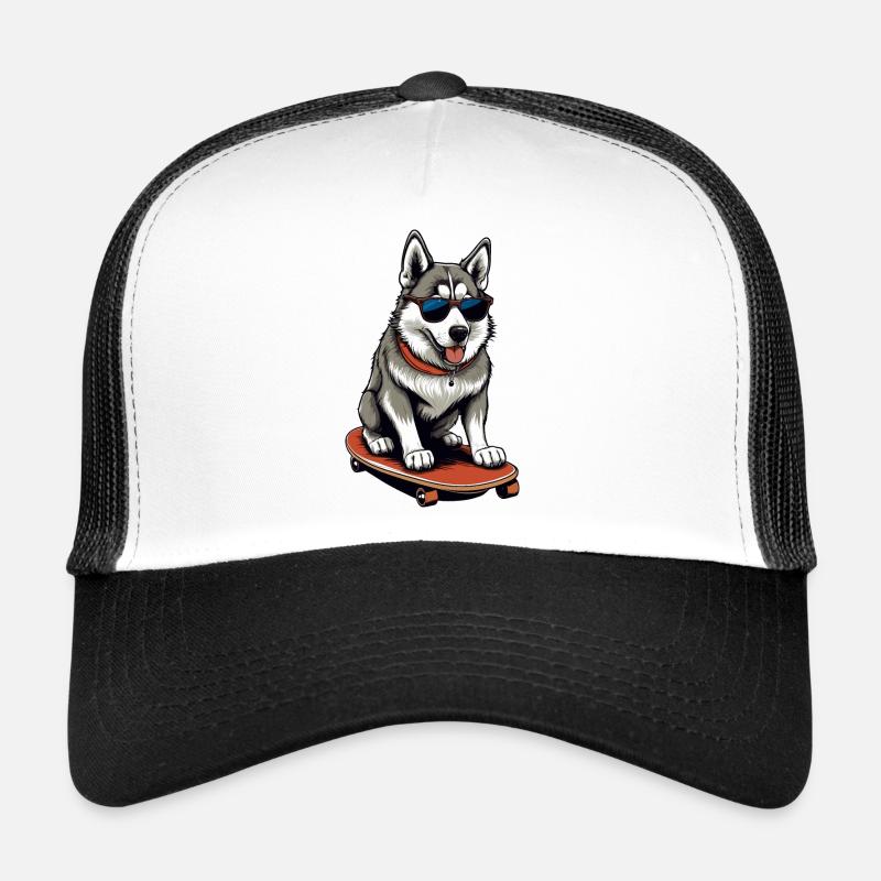 Süßer Husky auf Skateboard Trucker Cap