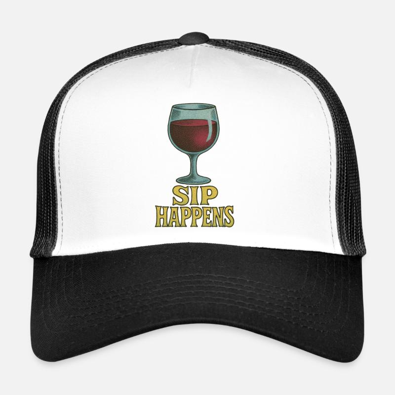 Whimsical Wine Glass Sip Happens Design Trucker Cap