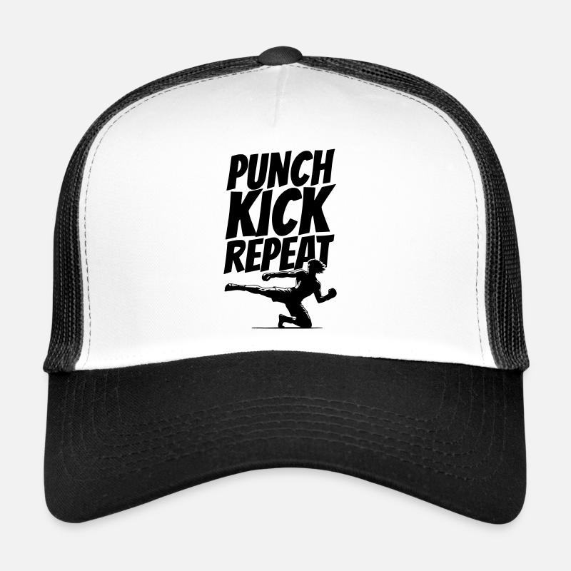 Kickboxer Graphic with Punch Kick Repeat Text Trucker Cap