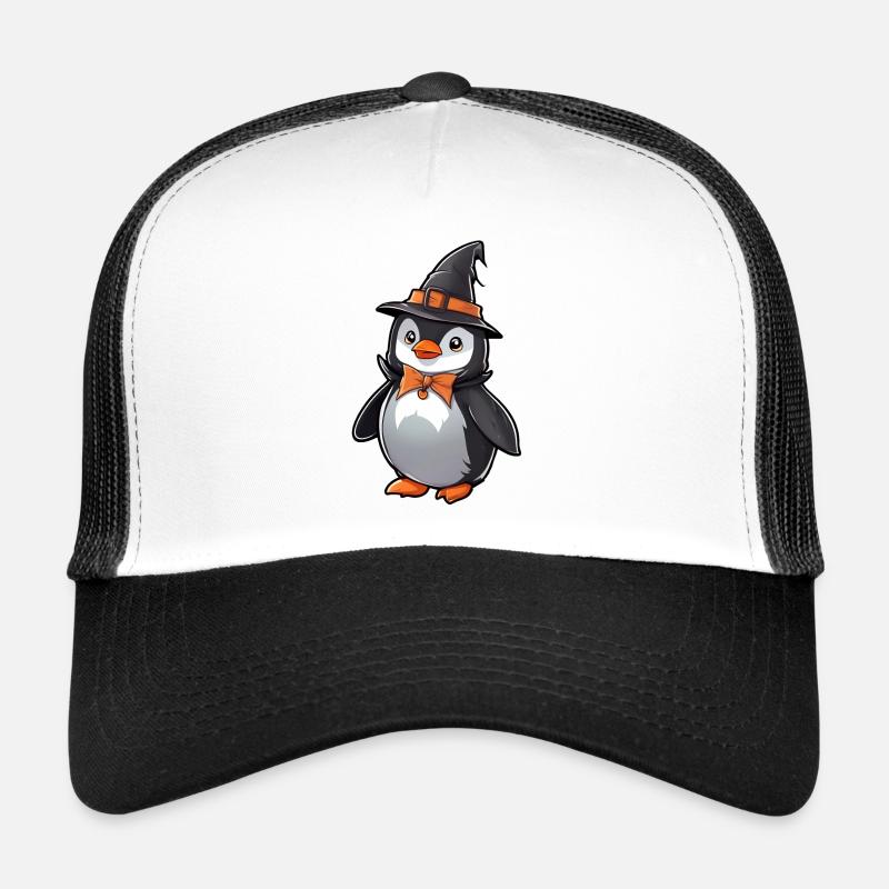 Pingouin d’Halloween mignon avec chapeau de sorcière. Casquette trucker 