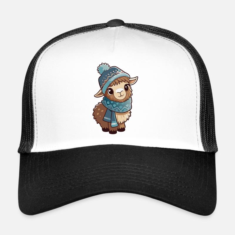 Lama mignon avec écharpe et chapeau à pompon. Casquette trucker 