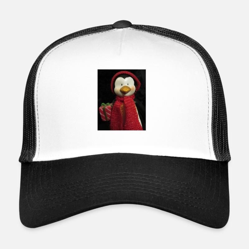 Pingouin avec chapeau, écharpe et cadeau Casquette trucker 