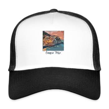 cinque terre ,blue,postcard, watercolor, italy - Trucker Cap - white/black - Front